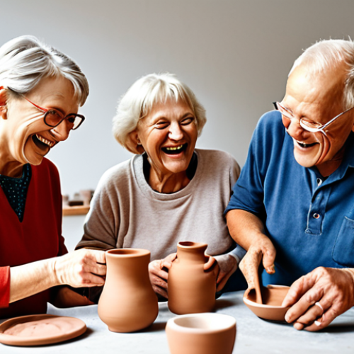 Home 15 **
"A group of active seniors laughing and chatting during a pottery workshop in a bright, modern studio. Some are shaping clay on wheels, while others are painting finished pieces. Focus on the joy and creativity of the scene, showcasing the benefits of creative workshops for older adults. Authentic German pottery designs and tools visible."
**