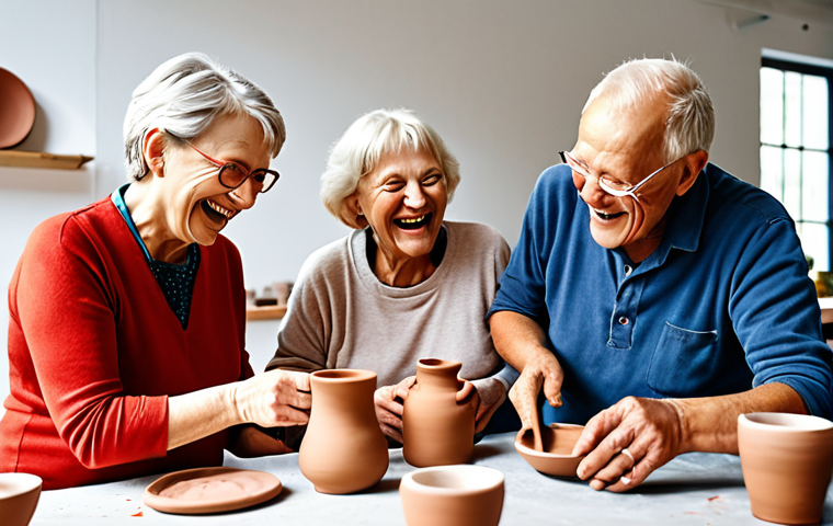 **
"A group of active seniors laughing and chatting during a pottery workshop in a bright, modern studio. Some are shaping clay on wheels, while others are painting finished pieces. Focus on the joy and creativity of the scene, showcasing the benefits of creative workshops for older adults. Authentic German pottery designs and tools visible."
**