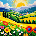 **Prompt:** A vibrant, colorful acrylic painting created by a senior citizen in a German Volkshochschule art class. The painting depicts a bright landscape scene with rolling hills and a cheerful sun. Include brushes and paint tubes in the foreground. The overall atmosphere should be joyful and expressive, capturing the rediscovery of creativity in old age. Style: Impressionistic.