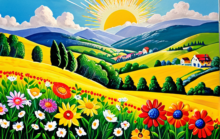 **Prompt:** A vibrant, colorful acrylic painting created by a senior citizen in a German Volkshochschule art class. The painting depicts a bright landscape scene with rolling hills and a cheerful sun. Include brushes and paint tubes in the foreground. The overall atmosphere should be joyful and expressive, capturing the rediscovery of creativity in old age. Style: Impressionistic.