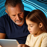 A warm, inviting scene of a parent and a child (around 6-9 years old) sitting together, looking at a tablet or laptop screen. The parent is gently guiding the child's interaction, perhaps pointing or explaining, with a supportive and understanding expression. The child is engaged and curious. The background subtly suggests abstract digital elements, like soft flowing lines of data or glowing light, evoking a vast yet navigable digital space. The overall atmosphere conveys shared discovery, safety, and modern family connection, emphasizing mutual learning and guidance.