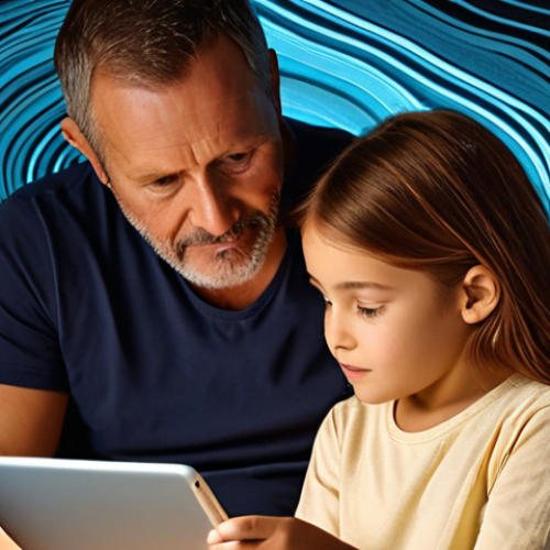 Home 7 A warm, inviting scene of a parent and a child (around 6-9 years old) sitting together, looking at a tablet or laptop screen. The parent is gently guiding the child's interaction, perhaps pointing or explaining, with a supportive and understanding expression. The child is engaged and curious. The background subtly suggests abstract digital elements, like soft flowing lines of data or glowing light, evoking a vast yet navigable digital space. The overall atmosphere conveys shared discovery, safety, and modern family connection, emphasizing mutual learning and guidance.
