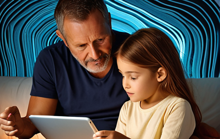 A warm, inviting scene of a parent and a child (around 6-9 years old) sitting together, looking at a tablet or laptop screen. The parent is gently guiding the child's interaction, perhaps pointing or explaining, with a supportive and understanding expression. The child is engaged and curious. The background subtly suggests abstract digital elements, like soft flowing lines of data or glowing light, evoking a vast yet navigable digital space. The overall atmosphere conveys shared discovery, safety, and modern family connection, emphasizing mutual learning and guidance.