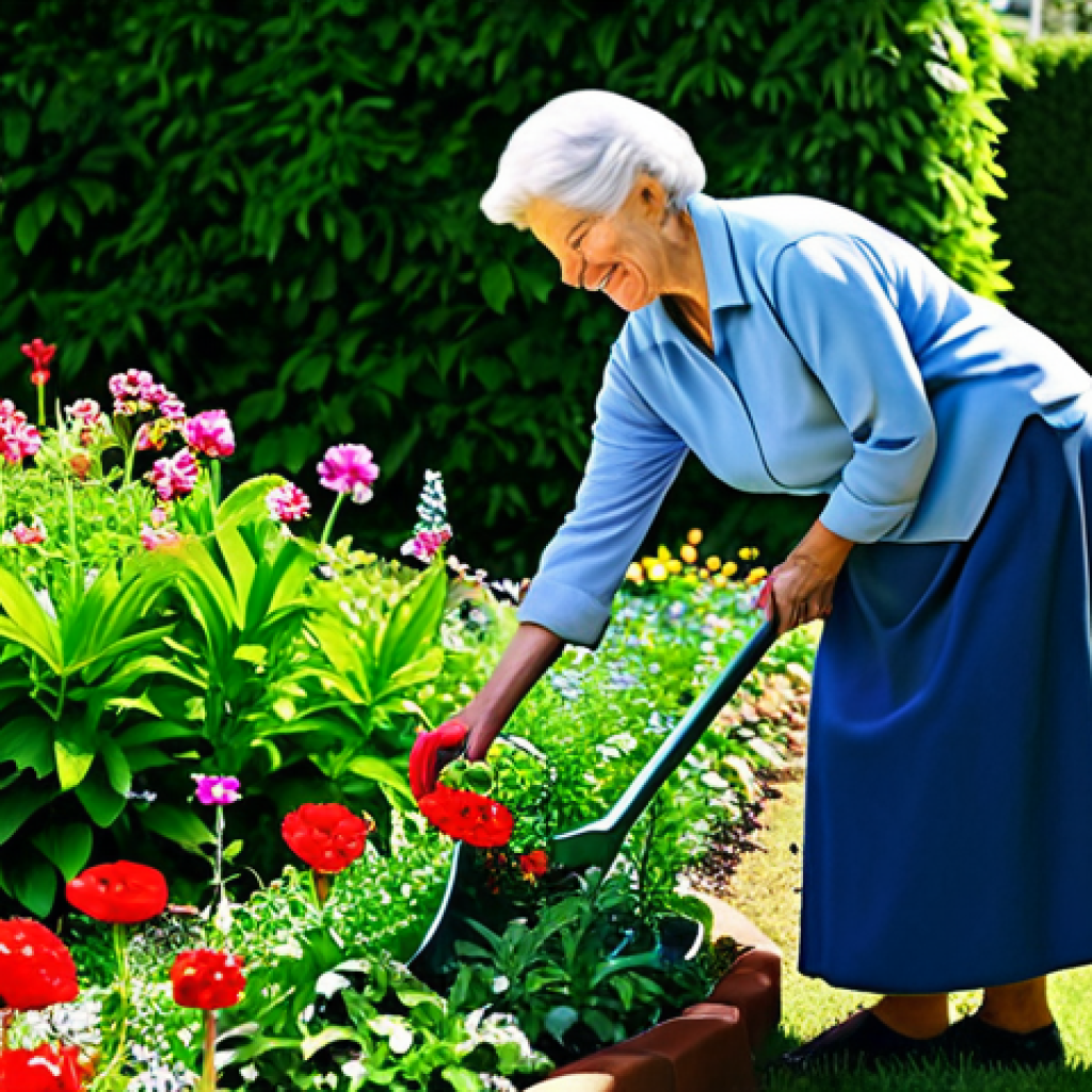 **

"A senior woman in a fully clothed, modest outfit, tending to her garden, surrounded by colorful flowers and lush greenery, appropriate attire, safe for work, perfect anatomy, natural proportions, family-friendly, professional photography, bright daytime lighting, cheerful atmosphere."

**