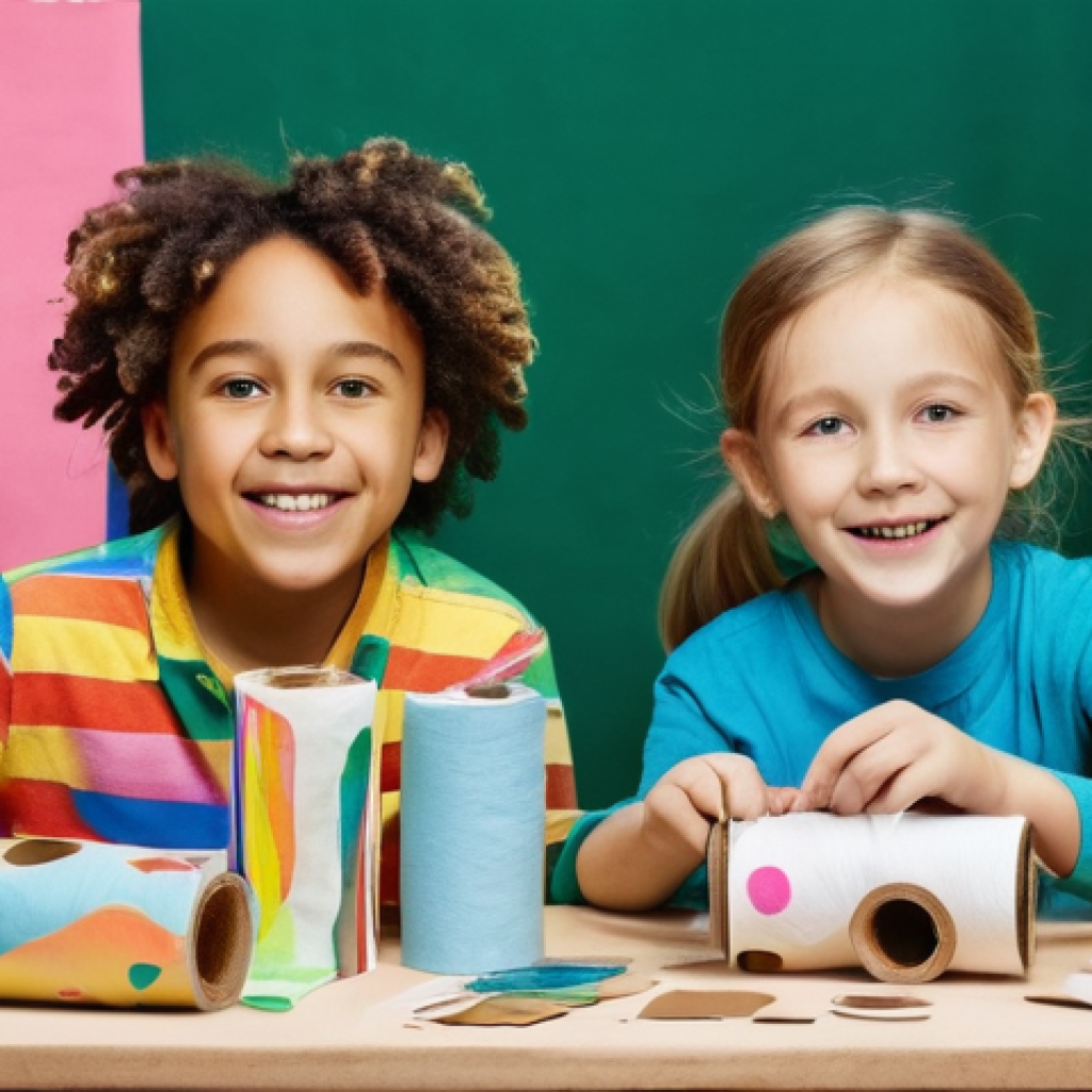 아동 실내 놀이 - **Upcycling Crafting Wonderland:**
    A vibrant, medium shot of a diverse group of children (aged 6...