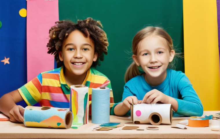 아동 실내 놀이 - **Upcycling Crafting Wonderland:**
    A vibrant, medium shot of a diverse group of children (aged 6...