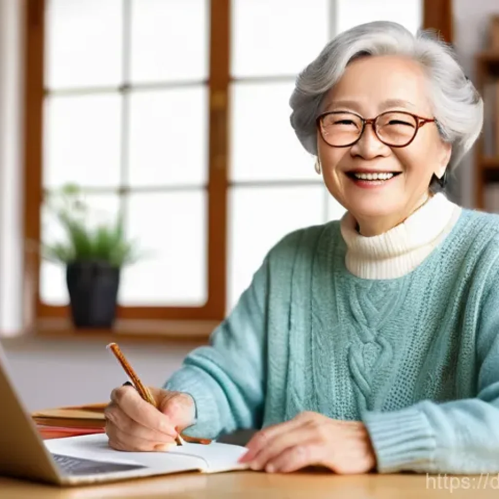 시니어 자기 개발 - **"Joyful Senior Learning Online"**: A vibrant, smiling German senior woman, approximately 70 years ...