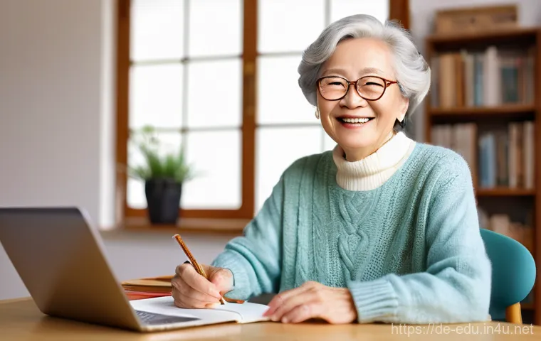 시니어 자기 개발 - **"Joyful Senior Learning Online"**: A vibrant, smiling German senior woman, approximately 70 years ...