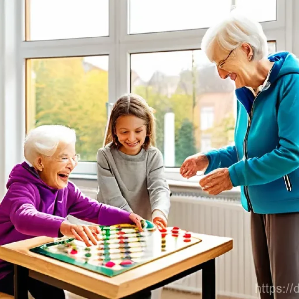 시니어 자녀 교육 - **Prompt:** A group of cheerful senior citizens and lively children engaged in a "Mehrgenerationenha...
