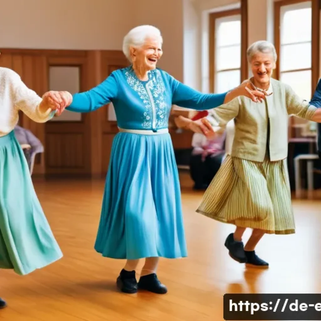 노인 동아리 프로그램 - A lively senior dance group in a bright community center in Germany, featuring elderly men and women...