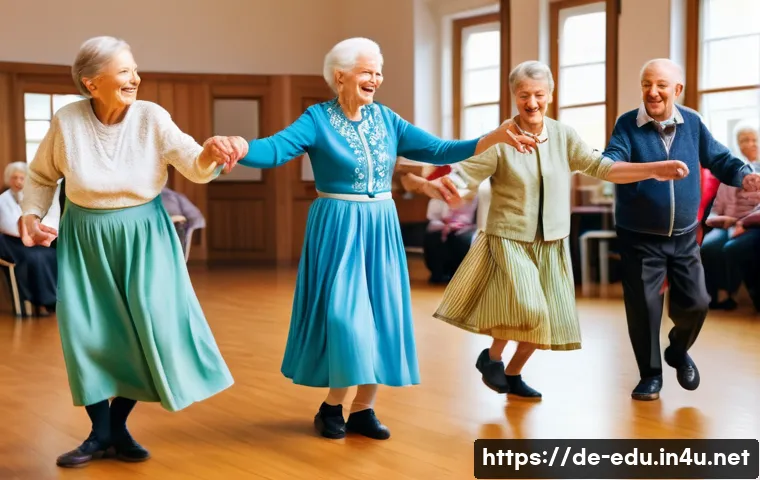 노인 동아리 프로그램 - A lively senior dance group in a bright community center in Germany, featuring elderly men and women...
