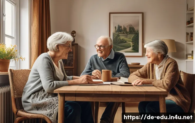 시니어 이야기 만들기 - A warm and inviting scene of a multigenerational German family gathered in a cozy living room, with ...