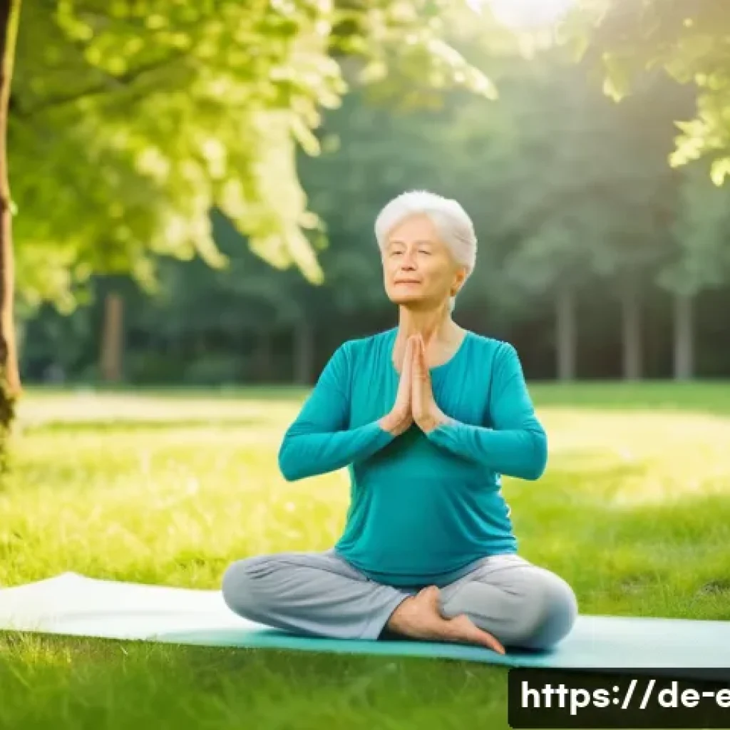 시니어 감성 교육 - A serene elderly woman practicing gentle yoga outdoors in a lush German park during early morning li...