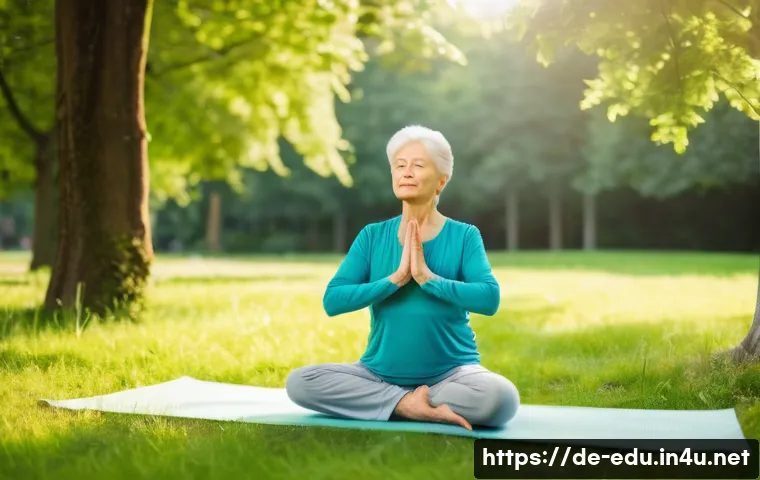 시니어 감성 교육 - A serene elderly woman practicing gentle yoga outdoors in a lush German park during early morning li...