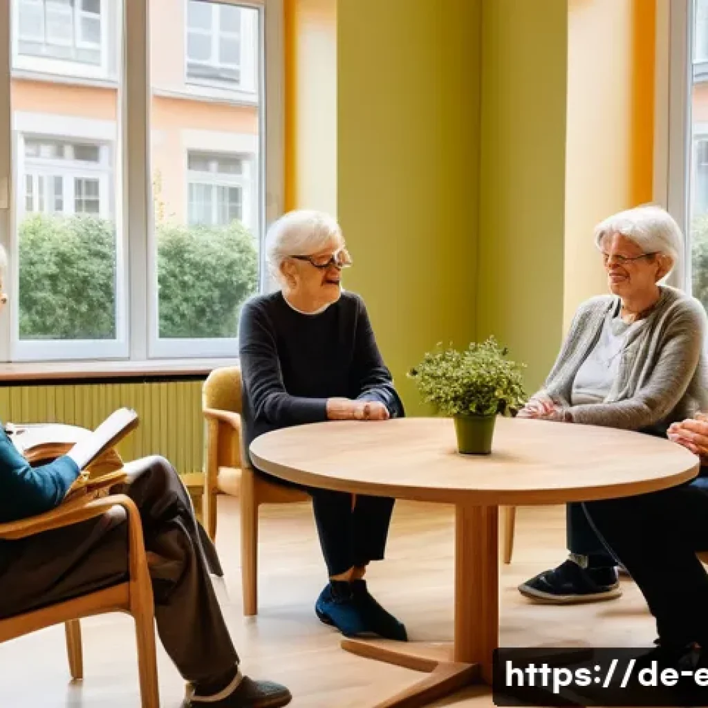 노인 독서 클럽 - A cozy reading group of diverse German seniors gathered in a bright, accessible community center roo...