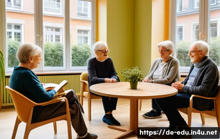 노인 독서 클럽 - A cozy reading group of diverse German seniors gathered in a bright, accessible community center roo...