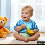 Home 19 아동 발음 훈련 - A cozy living room scene featuring a German toddler wearing a colorful diaper, sitting on a soft rug...