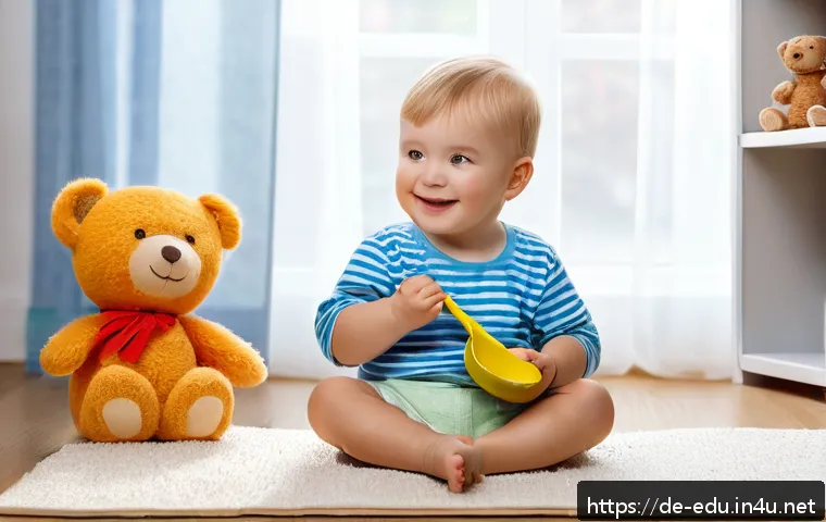 아동 발음 훈련 - A cozy living room scene featuring a German toddler wearing a colorful diaper, sitting on a soft rug...