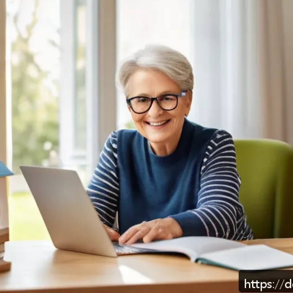시니어 컴퓨터 실습 - A cozy, bright living room scene featuring a cheerful senior woman sitting comfortably at a desk wit...