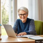 Home 18 시니어 컴퓨터 실습 - A cozy, bright living room scene featuring a cheerful senior woman sitting comfortably at a desk wit...