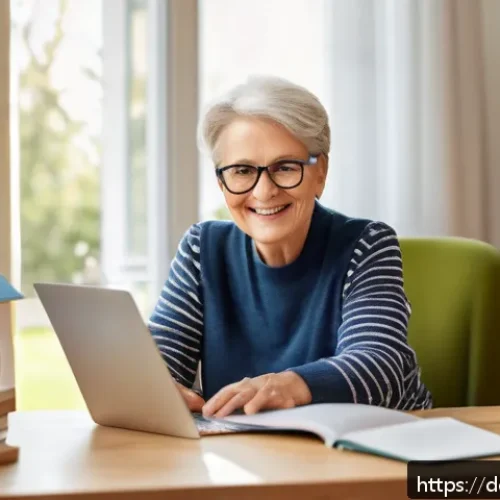 Home 30 시니어 컴퓨터 실습 - A cozy, bright living room scene featuring a cheerful senior woman sitting comfortably at a desk wit...