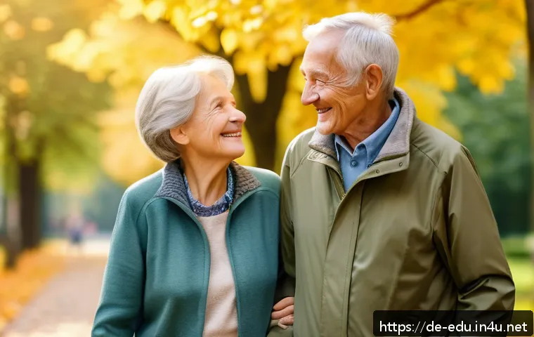 노인 정신 건강 교육 - A joyful elderly German couple taking a leisurely 30-minute walk in a lush green park during early a...