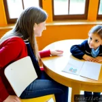 아동 인터뷰 교육 - Photorealistic child interview education workshop in a bright German community center, a trained fem...