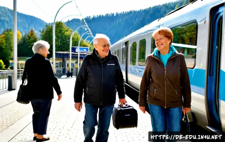 시니어 여행 프로그램 - Photorealistic senior travel program scene in Germany, a cheerful small group of active German retir...