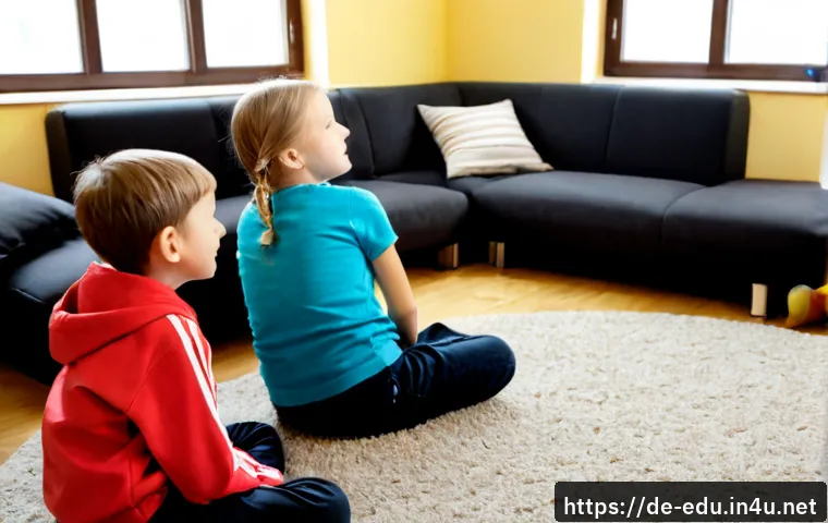 Home 30 아이들의 감정 표현 - Photorealistic warm family living room in Germany, a diverse group of elementary-school children sit...