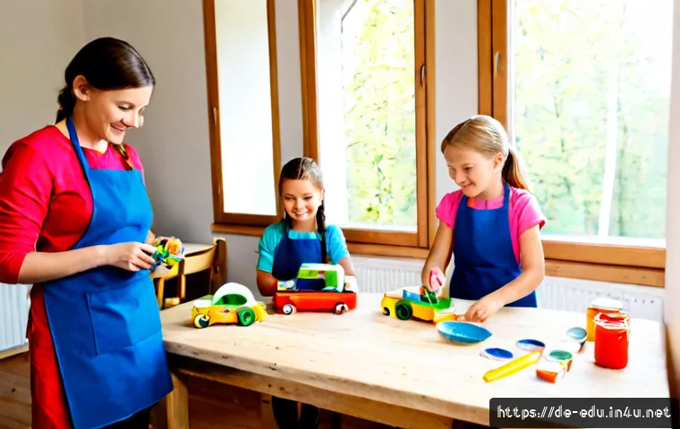 Home 17 어린이 장난감 만들기 - Photorealistic bright family kitchen in Germany, two primary-school children wearing colorful aprons...